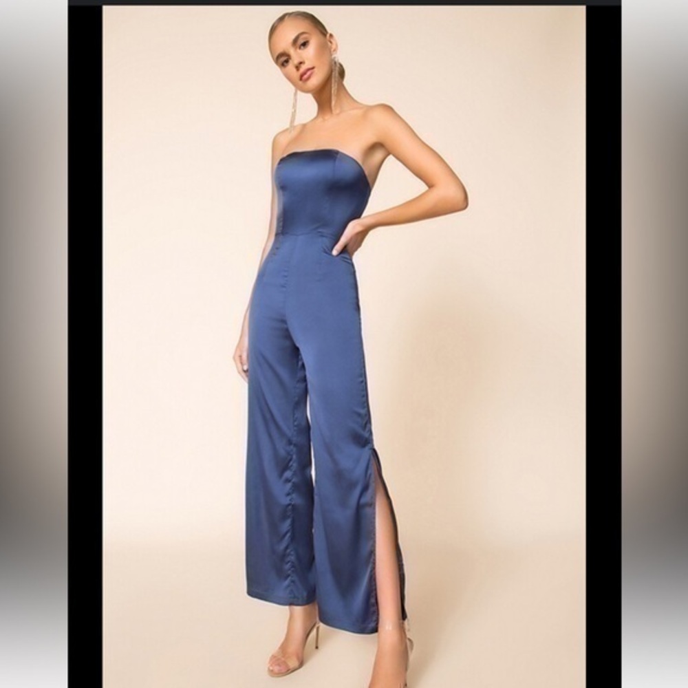 Revolve Superdown Strapless Satin Navy Jumpsuit
